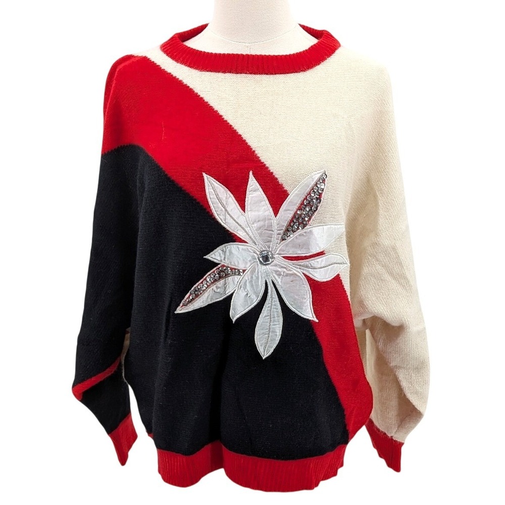 Vintage 80s Angora Lambswool Sweater Spoleto Colorblock Applique Beaded M